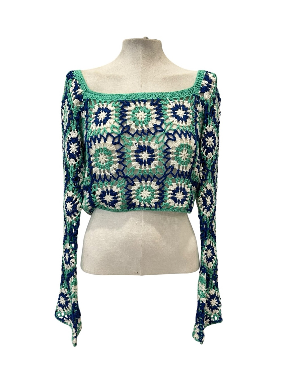 Princess Polly Crochet Granny Square Bell Sleeve Crop Top Boho Festival US 10